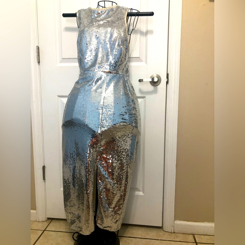 Lulus SizeM sequin bling dress formal midi/long silver